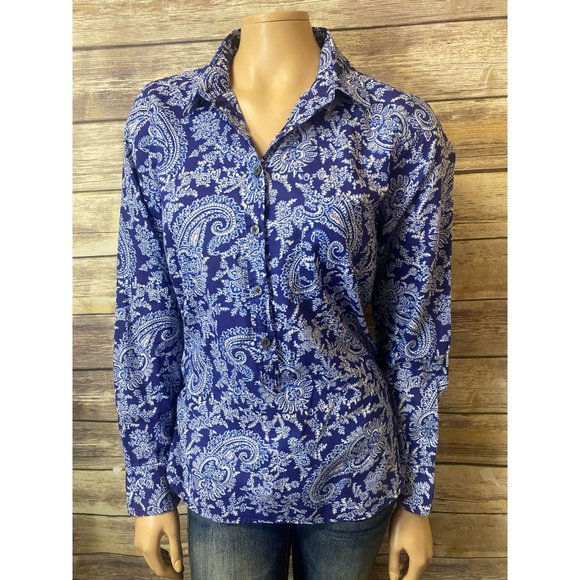 J. Crew Tops - J.CREW Printed Voile Popover Blouse Shirt M Medium Blue Paisley Half Button Down